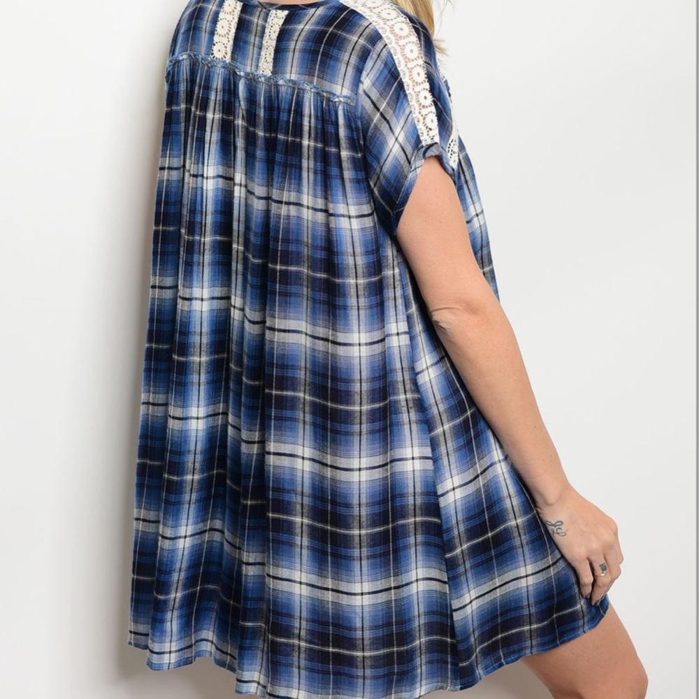New Plaid Short Sleeve Flowy Casual Tunic Dress - Picture 2 of 6
